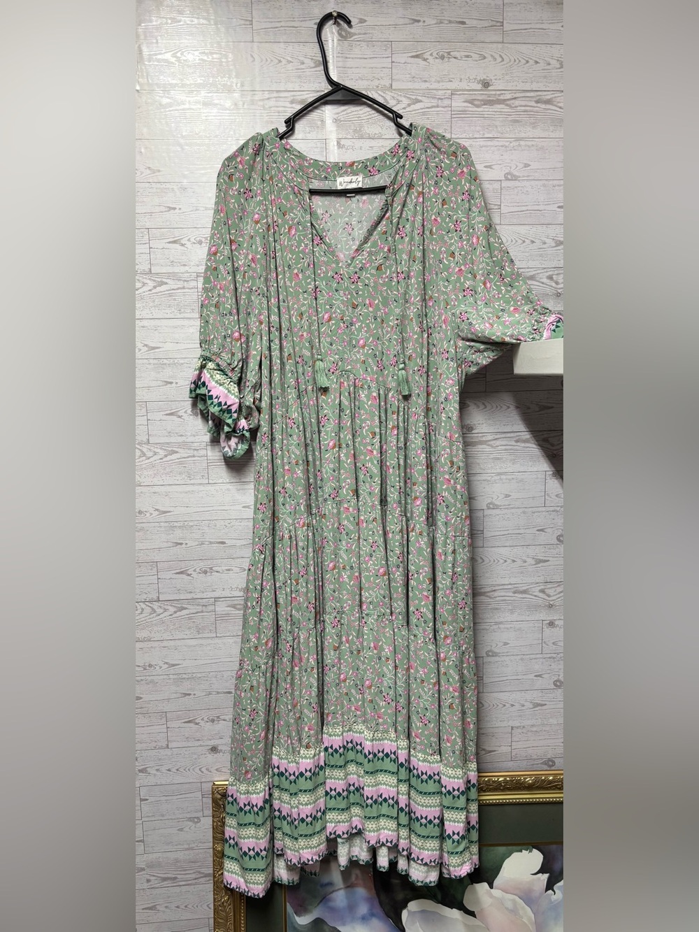 Wonderly Sage Green Floral Midi Dress with Pink Accents